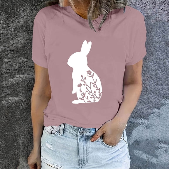 HOMBOM Crew Neck Easter Blouse Womens Under 5 Dollars Short Sleeve Pink T-shirt Easter Bunny Print Womens Casual Tops and Blouses XL