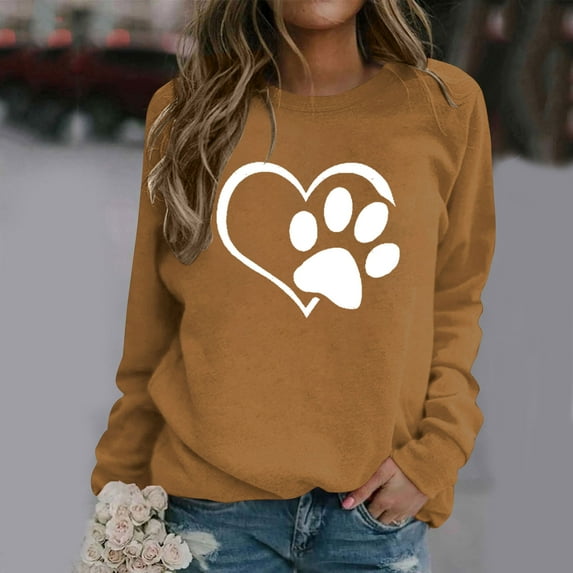 HOMBOM Crew Neck Sweatshirt for Women 2024 Pullover Loose Casual Brown Tops Long Sleeve Heart Dog Paw Print Casual Sweatshirt