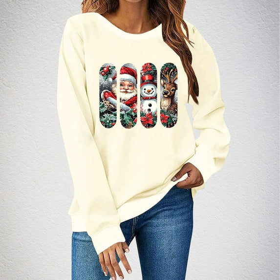 HOMBOM Crew Neck Sweatshirt for Women Graphic Pullover Casual Beige Long Sleeve Womens Tops Christmas