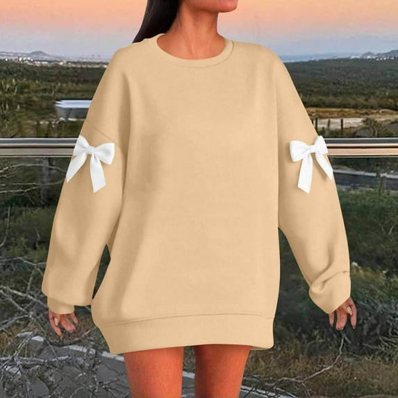 HOMBOM Crew Neck Sweatshirt for Women Khaki Bows Pullover Holiday Long Sleeve No Hood Casual Womens Tops Plain