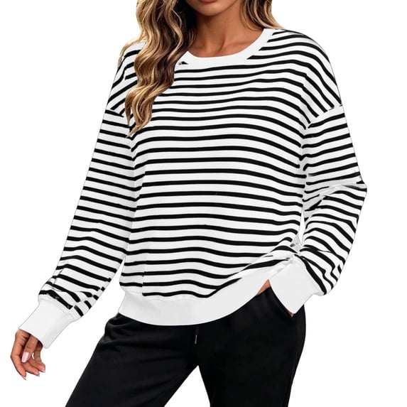 HOMBOM Crew Neck Sweatshirts for Women Winter Striped Comfy Drop Shoulder Long Sleeve Hoodless Young Womens Sweat Shirts Athletic Outfits