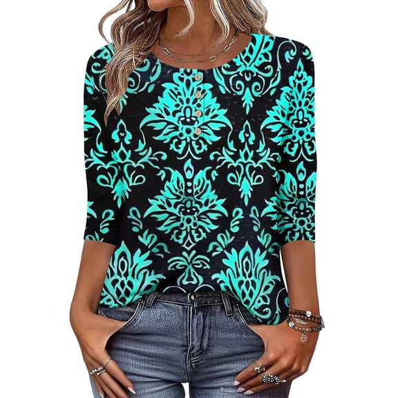 HOMBOM Crew Neck T Shirts for Women Mint Green Tunnic 3/4 Sleeve Vacation Vintage Floral New arrivals Botton Shirts