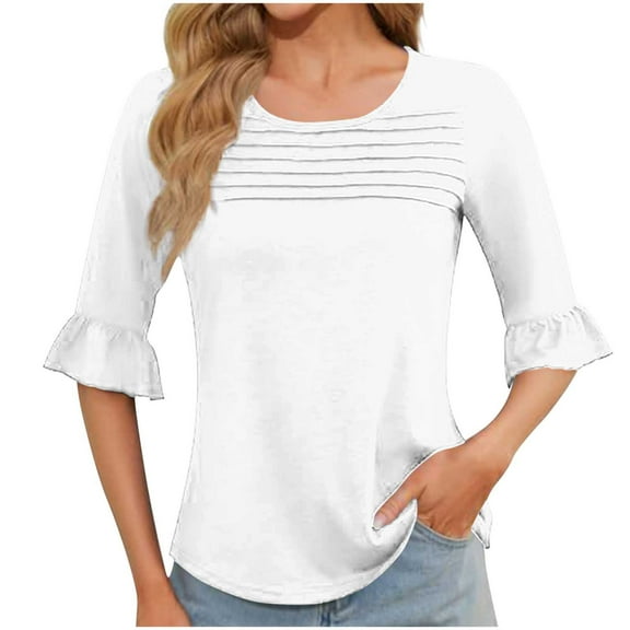 HOMBOM Crew Neck Tops for Women Half Sleeve White Pullover Basic Ruffle Sleeve Plain Front Pleated Blouse