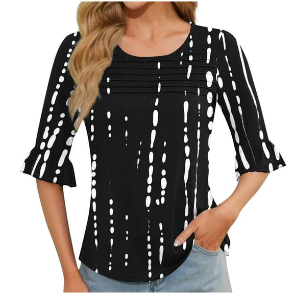 HOMBOM Crew Neck Women Blouses Black Half Sleeve Pullover Front Pleated Trendy Polka Dot Ruffle Sleeve Tee