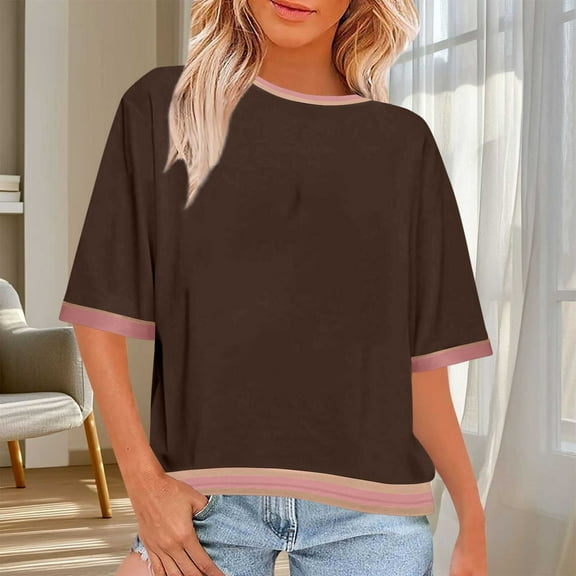 HOMBOM Crew Neck Women Blouses Brown Half Sleeve Pullover Basic Drop Shoulder Color Block Shirt