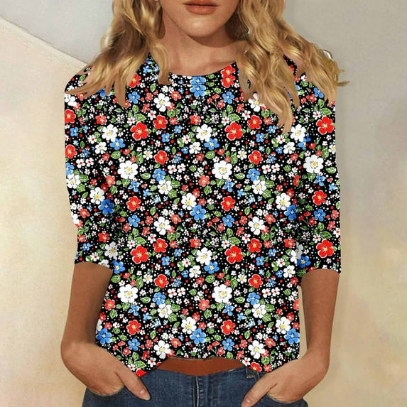 HOMBOM Crew Neck Women Blouses Fall 3/4 Sleeve Floral Holiday Prints Loose Graphic T-Shirts