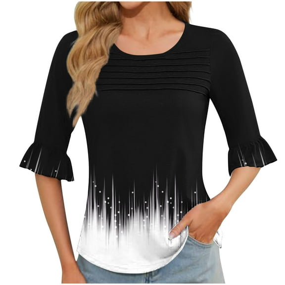 HOMBOM Crew Neck Women Blouses Half Sleeve Black Pullover Color Block Ruffle Sleeve Front Pleated Casual Shirt