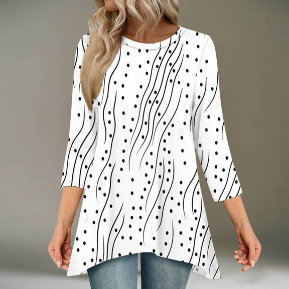 HOMBOM Crew Neck Women Tops 3/4 Sleeve White Trendy Polka Dot Loose Casual Long Tunic Blouse