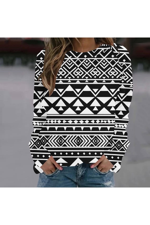 Crew Neck Womens Sweatshirt Ethnic Retro Style White Lightweight Casual Long Sleeve Soft Pullover Sweatshirt M