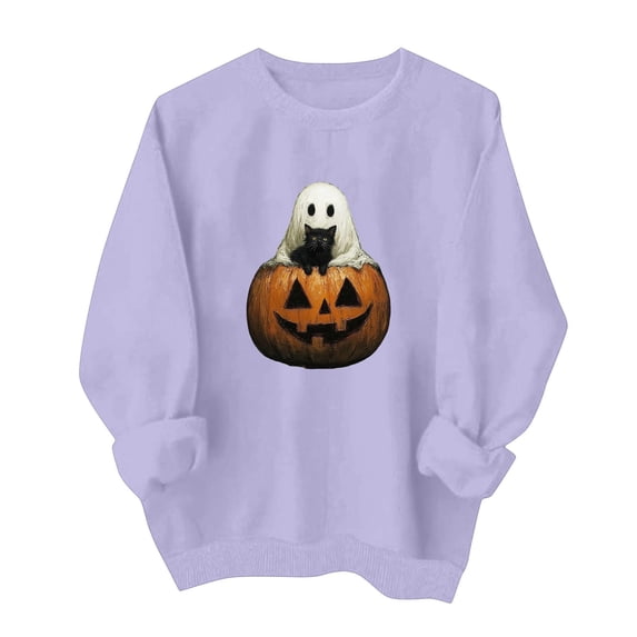 HOMBOM Crewneck Halloween Sweatshirts for Women Comfort Colors Purple Graphic Long Sleeve Daily Pullover for Ladies Holiday Fashion Shirts,XXL