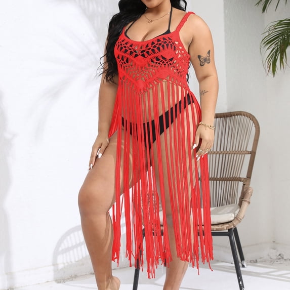 HOMBOM Crochet Beach Cover Ups for Women Plus Size Tassel Dresses Casual V Neck Womens Summer Dresses