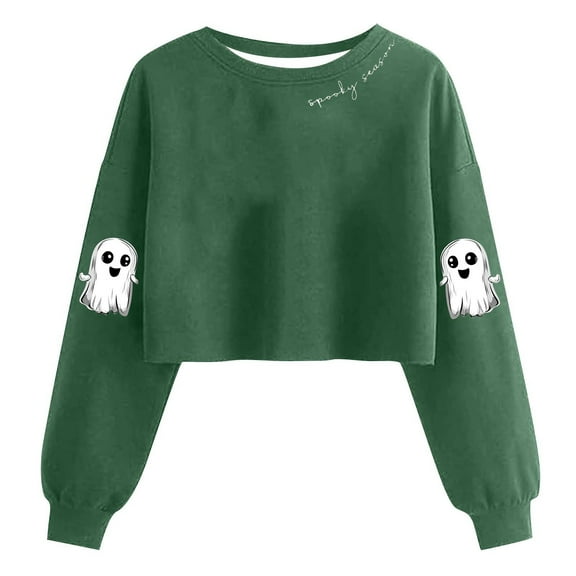 HOMBOM Crop Sweatshirts for Womens Green Pullover Crewneck Trendy Relaxed Fit Drop Shoulder Ladies Tops Long Sleeve