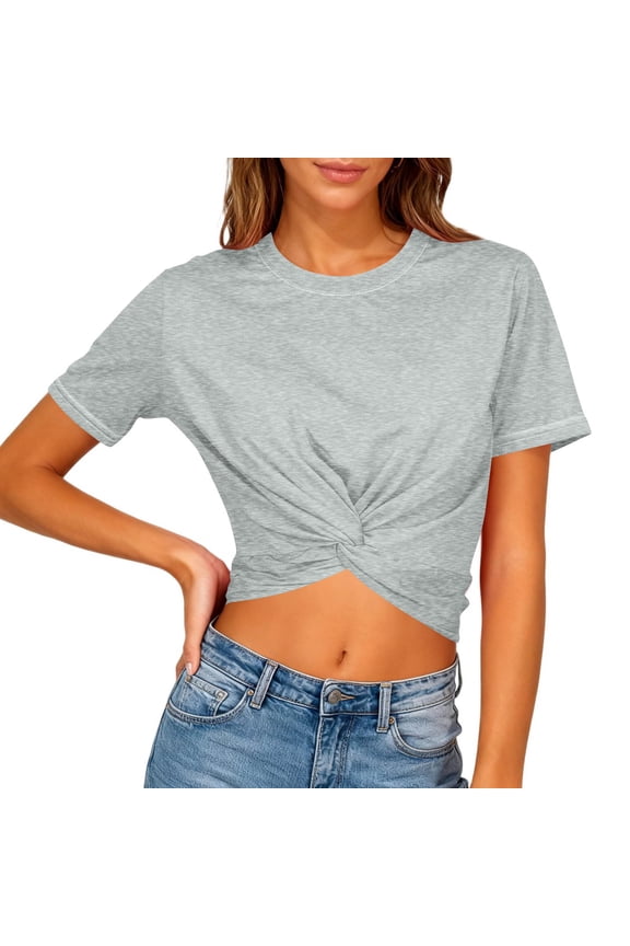 Crop Tops for Women Gray Loose Y2K Trendy Solid Color Crewneck Short Sleeve Ladies T Shirts Casual