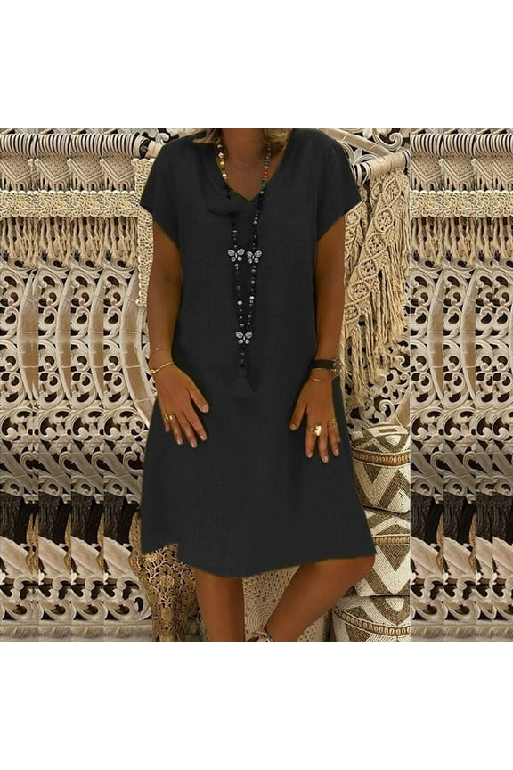 Cute Dresses for Women Black Mid-Length Shift Solid Casual V-Neck Cotton Linen Short Sleeve Dresses XL