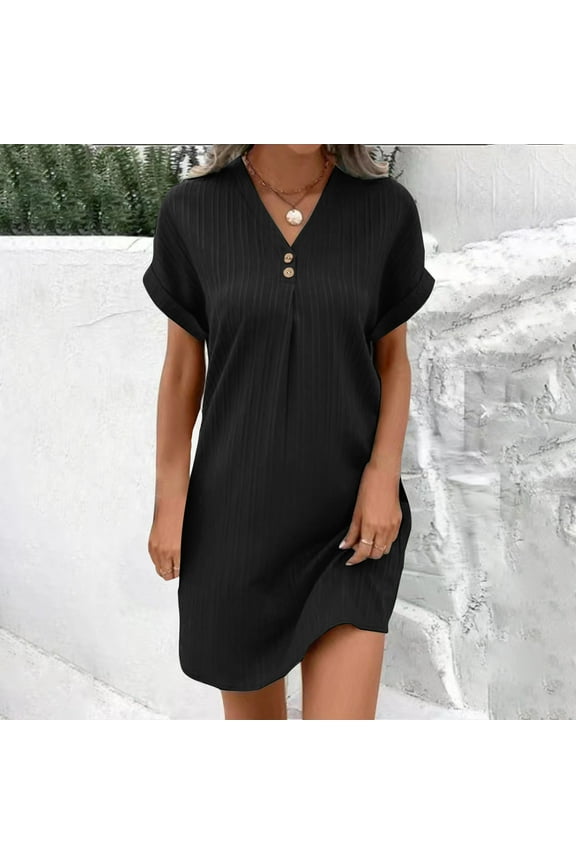 Cute Dresses for Women Mini Black Shift Solid V-Neck Casual Trendy Short Sleeve Dresses S