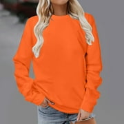 HOMBOM Cute Hoodless Sweatshirts for Women,Solid Long Sleeve Round Neck Orange Casual Blouse