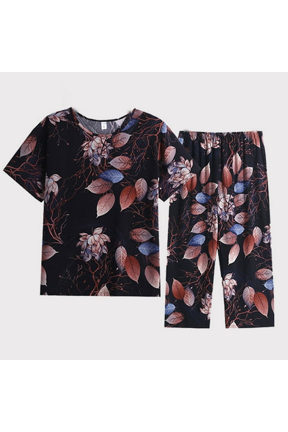 Cute Pajamas For Women Black Floral Short Sleeve Top and Capri Pants Sleep Set 2PC Pajama Sets