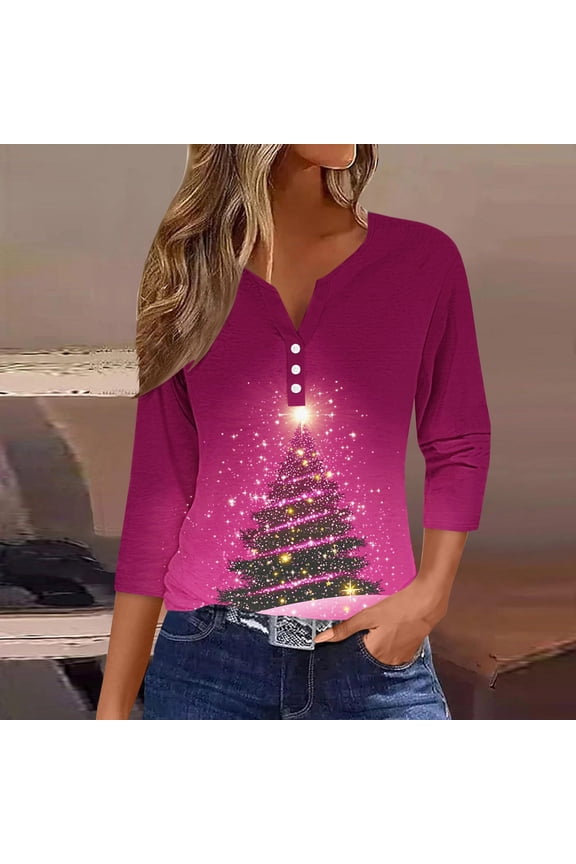 Cute Plus Size Tops for Women Dressy Christmas Button Down Ugly Christmas 3/4 Sleeve V Neck Womens Blouse