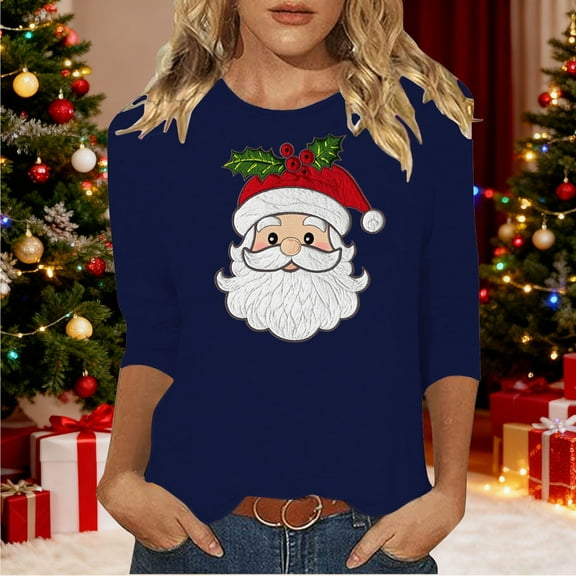 HOMBOM Cute Shirts for Women 3/4 Sleeve Comfy Christmas Tree Xmas Crewneck Womens Tee Shirts Blue