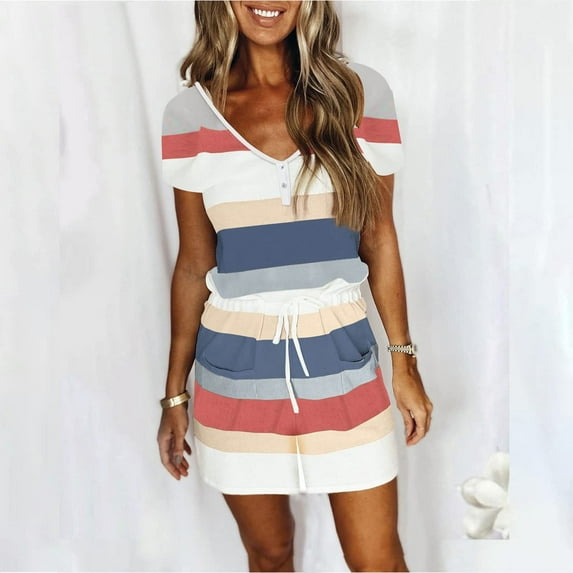 HOMBOM Cute Summer Jumpsuits for Women Blue Short Sleeve V-neck Striped Button up Rompers Jumpsuit Shorts S