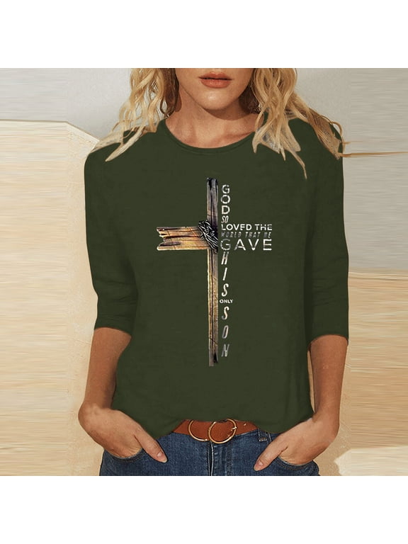 Cute Tops For Women Y2k Army Green 3/4 Sleeve Crew Neck Easter Cross Print Shirts Easter T Shirts For Women L