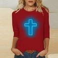 thumbnail image 1 of HOMBOM Cute Tops For Women Y2k Red 3/4 Sleeve Round Neck Shirts Easter Cross Print Easter Blouse Womens Under 5 Dollars XXXL, 1 of 4