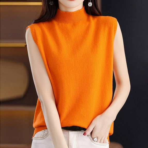 HOMBOM Cutout Summer Tops for Women Orange Solid Color Crew Neck Sleeveless Knitted Vest