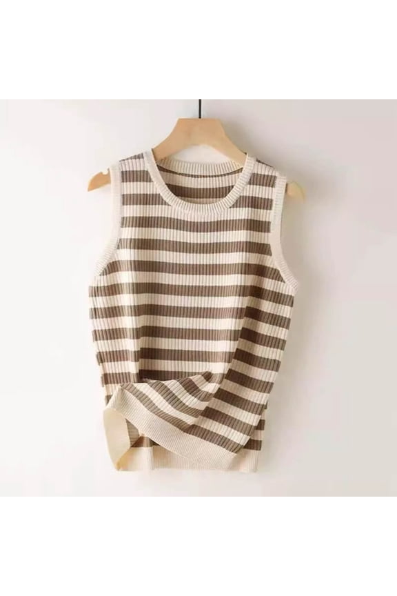 Cutout Tank Tops for Women Khaki Striped Sleeveless Crew Neck Knitted Vest