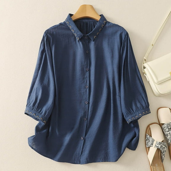 HOMBOM Dark Blue Women T Shirts Collared Trendy 3/4 Sleeve Solid Color Button down Loose Cotton Linen Blouse