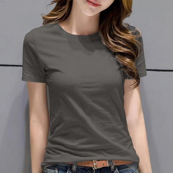 HOMBOM Dark Gray Shirts for Women Summer Plain Crew Neck Basic Short Sleeve Cotton T-shirt L