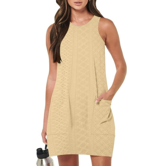 HOMBOM Dresses for Women 2025 Mini Shift Birthday Yellow Hollow-Out Solid Crew Neck Womens Summer Dresses with Pockets