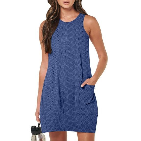 HOMBOM Dresses for Women 2025 Shift Tropical Mini Blue Hollow-Out Crew Neck Solid Dresses with Pockets