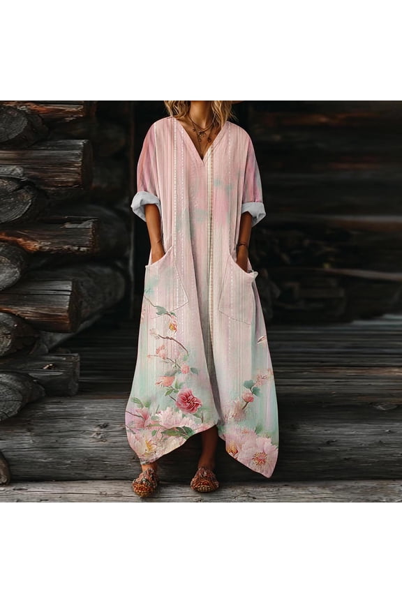 Dresses for Women Boho Spring Long Pink 3/4 Sleeve Vintage Floral Asymmetrical Hem Young Womans A Line Dress Beach