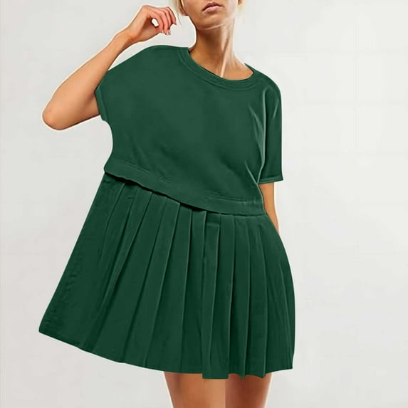 HOMBOM Dresses for Women Green Casual Mini A-Line Oversized Crew Neck Short Sleeve Spring Solid Dresses S