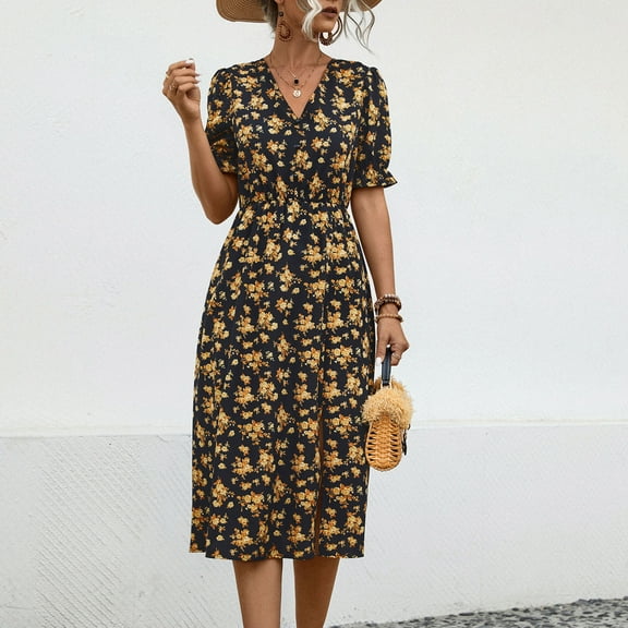 HOMBOM Dresses for Women Long Black Cute A-Line Floral V-Neck Summer Vacation Short Sleeve Dresses L