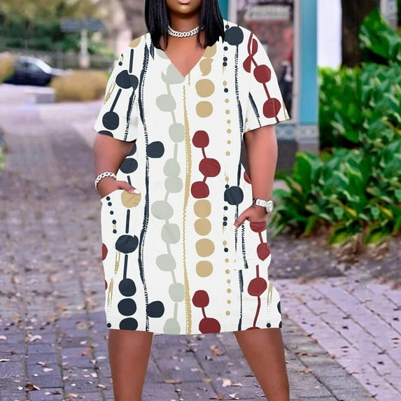 HOMBOM Dresses for Women Mid-Length Summer Plus Size V-Neck A-Line 2024 Short Sleeve Floral Casual Dress L