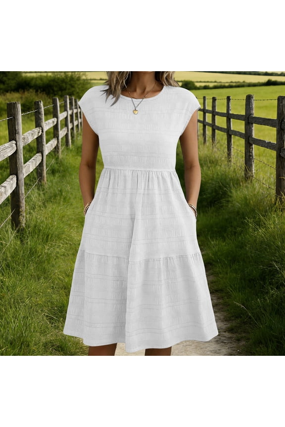 Dresses for Women Midi with Pockets Spring Solid White Short Sleeve Ladies A Line Dress Vacation