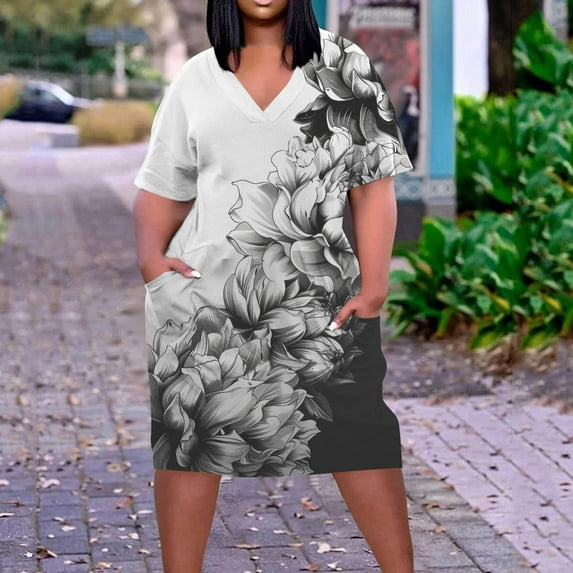 HOMBOM Dresses for Women Summer Mid-Length Plus Size V-Neck A-Line Floral 2024 Pocket Short Sleeve Dress 5XL