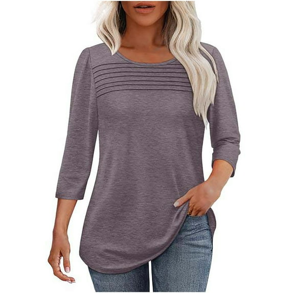 HOMBOM Dressy Shirts for Women 3/4 Sleeve Gray Front Pleated Crew Neck Loose Solid Color Tunnic Blouse