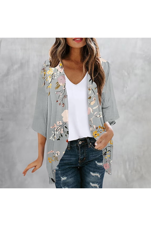 Dusters Kimonos for Women 3/4 Sleeve Daily Wear Cardigan Boho Lightweight Floral Soft Open Front Young Womens Cover Ups