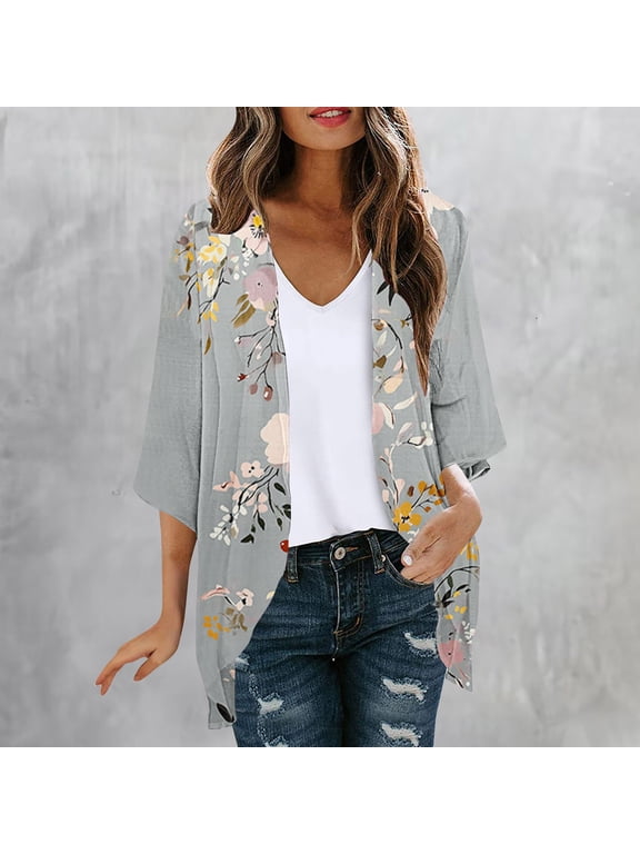 Dusters Kimonos for Women 3/4 Sleeve Daily Wear Cardigan Boho Lightweight Floral Soft Open Front Young Womens Cover Ups