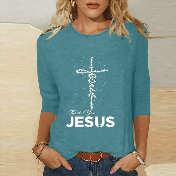 HOMBOM Easter Blouse Women 3/4 Sleeve Blue Casual Tops Easter Cross of Jesus Crew Neck Trendy Tops For Women 2024 S