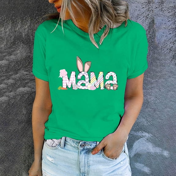HOMBOM Easter Blouse Women Green Short Sleeve Graphic Tee Happy Easter Round Neck Spring Tops For Women 2024 S