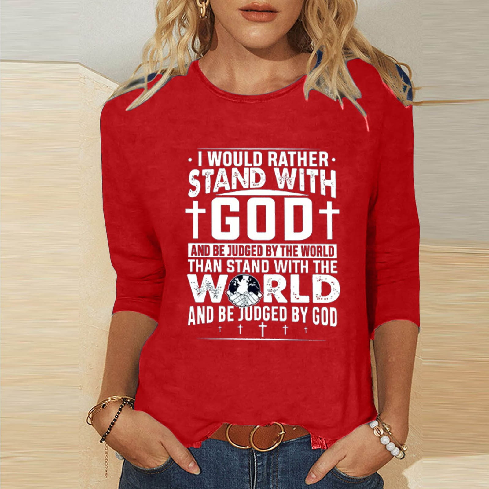 HOMBOM Easter Blouse Womens Under 5 Dollars Red 3/4 Sleeve Graphic Tee Easter Cross of Jesus Round Neck Trendy Tops For Women 2024 M