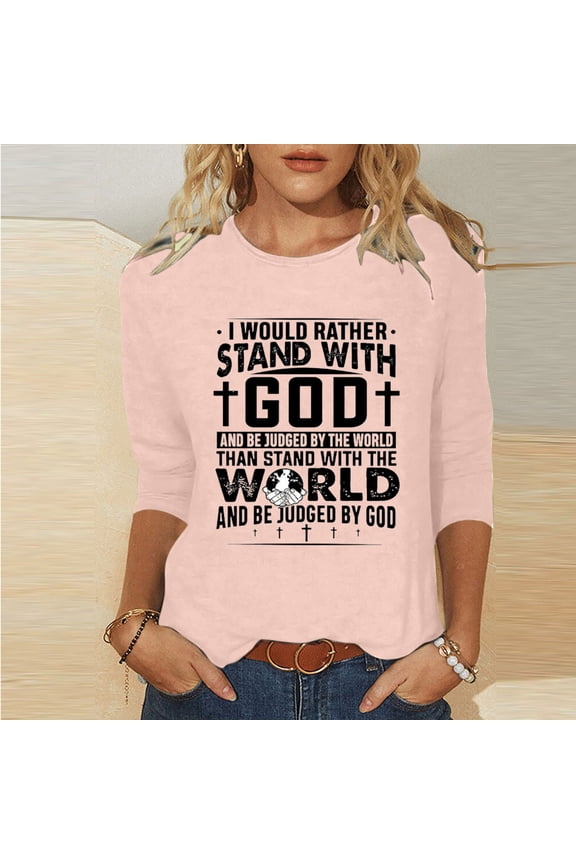 Easter Clothes Women 3/4 Sleeve Pink Graphic Tee Round Neck Easter Cross of Jesus Trendy Tops For Women 2023 M