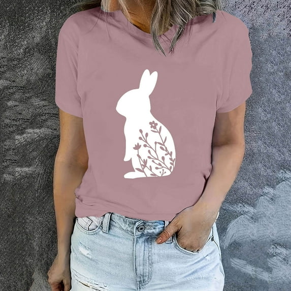 HOMBOM Easter Clothes Women Crew Neck Short Sleeve Pink T-shirt Easter Bunny Print Y2k Tops L