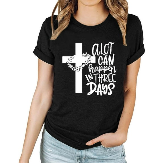 HOMBOM Easter Shirts for Women With Eggs Black Crew Neck Short Sleeve Easter Print T-shirt Womens Summer Tops L