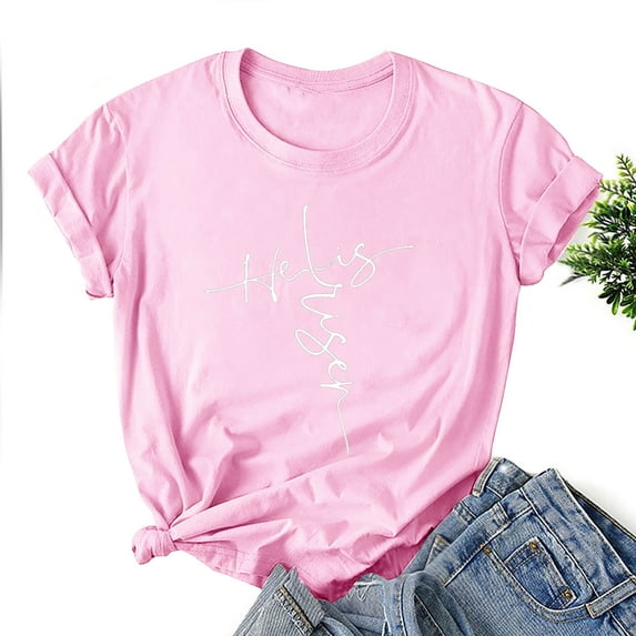 HOMBOM Easter T Shirts For Women Pink Short Sleeve T-shirts Round Neck Happy Easter Casual Tops XL