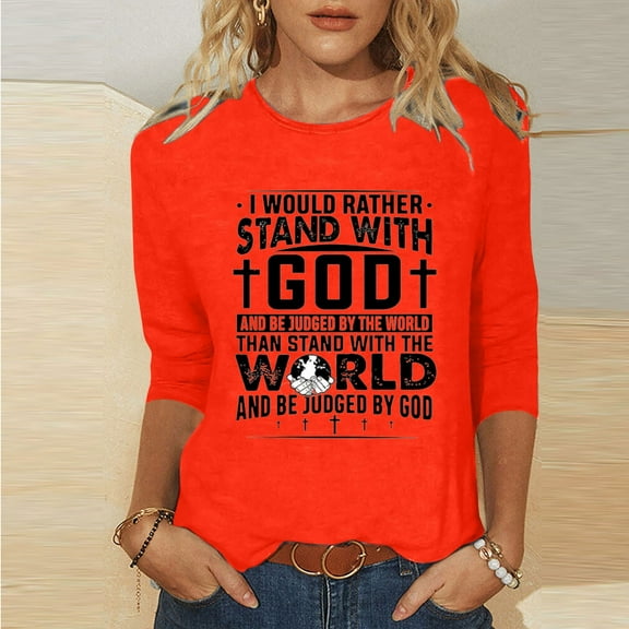 HOMBOM Easter Tops Women Orange 3/4 Sleeve Graphic Tee Round Neck Easter Cross of Jesus Y2k Tops L