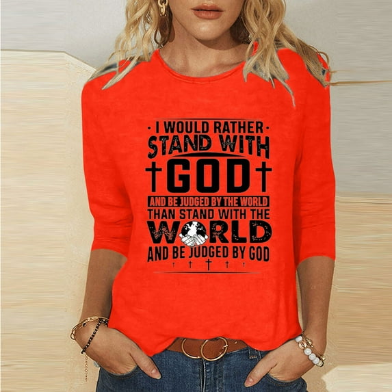 HOMBOM Easter Tops Women Orange 3/4 Sleeve Graphic Tee Round Neck Easter Cross of Jesus Y2k Tops L